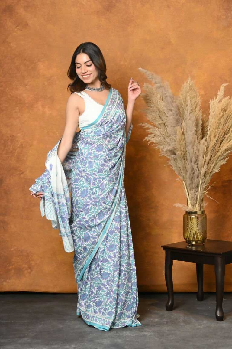 Very Much Indian Handblock Printed Cotton Saree With Natural Dyes - White | Swadesiicart