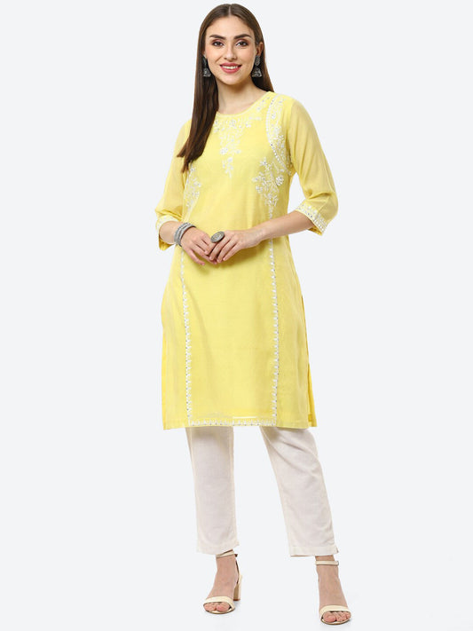 Biba Women Yellow Ethnic Motifs Embroidered Chikankari Kurta | Swadesiicart