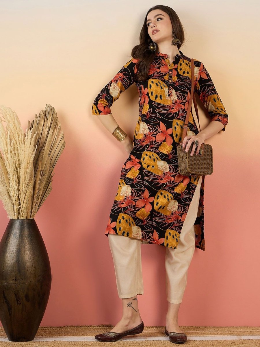 Anouk Floral Printed Mandarin Collar Straight Kurta - Swadesiicart