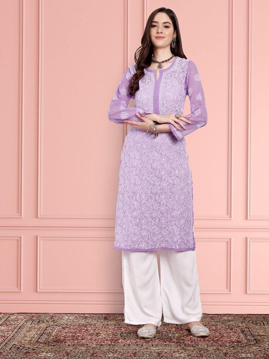 ADA Women Purple & White Ethnic Motifs Embroidered Chikankari Georgette Kurta | Swadesiicart