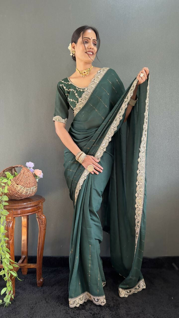 Vastranavya Sea Green Georgette Silk Swarovski & Heavy Lace Work Ready to Wear Saree | Swadesiicart