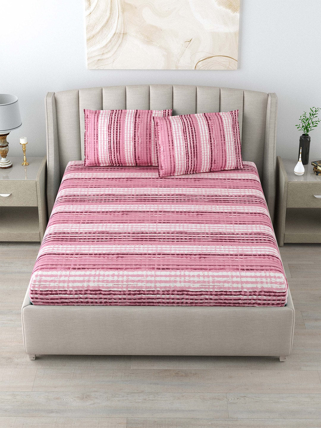 DREAM WEAVERZ Pink Striped Pure Cotton 220 TC King Bedsheet With 2 Pillow Covers - Swadesiicart
