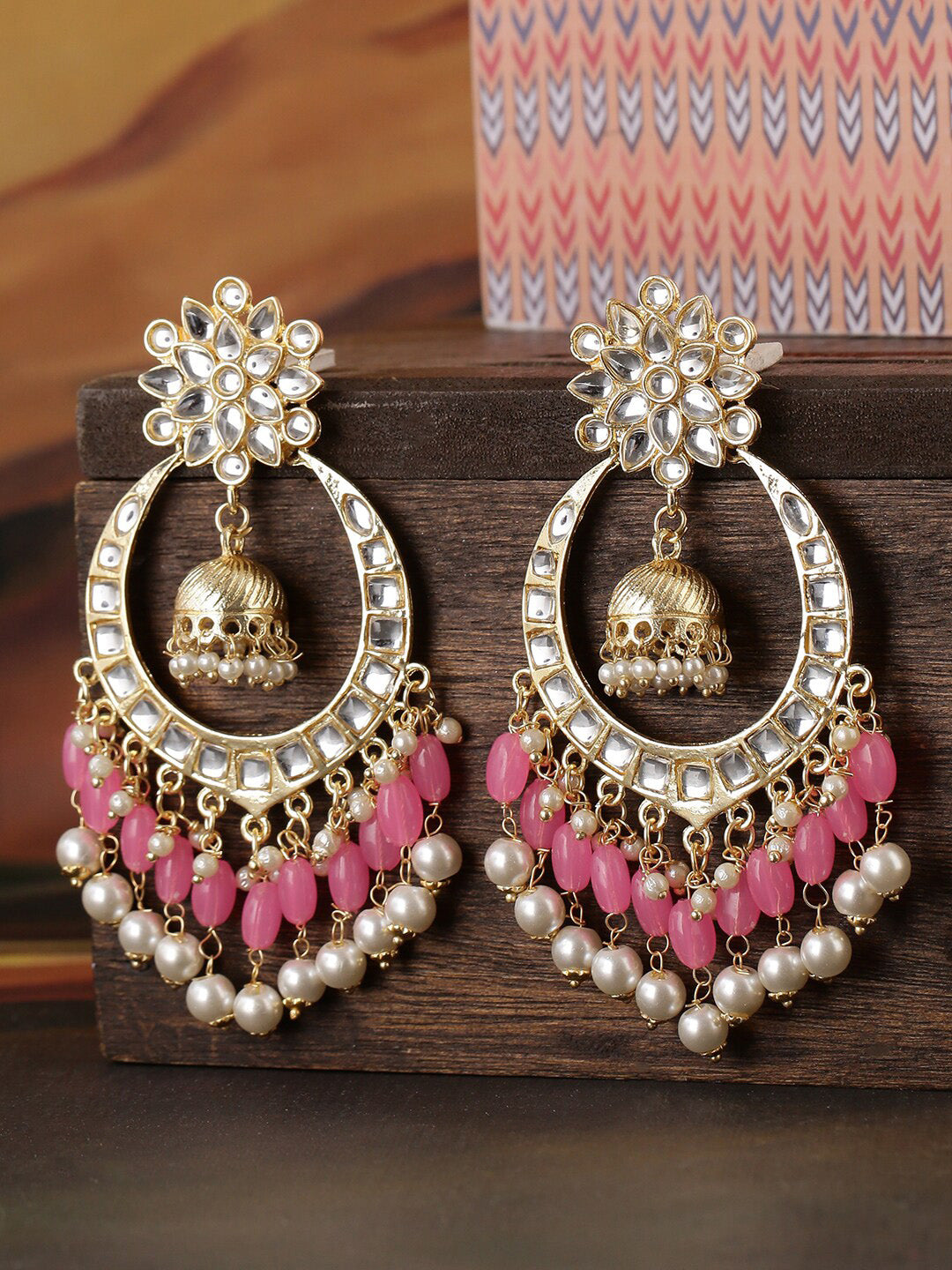 Shoshaa Pink & Gold-Toned Contemporary Kundan Drop Earrings With Pearls | Swadesiicart
