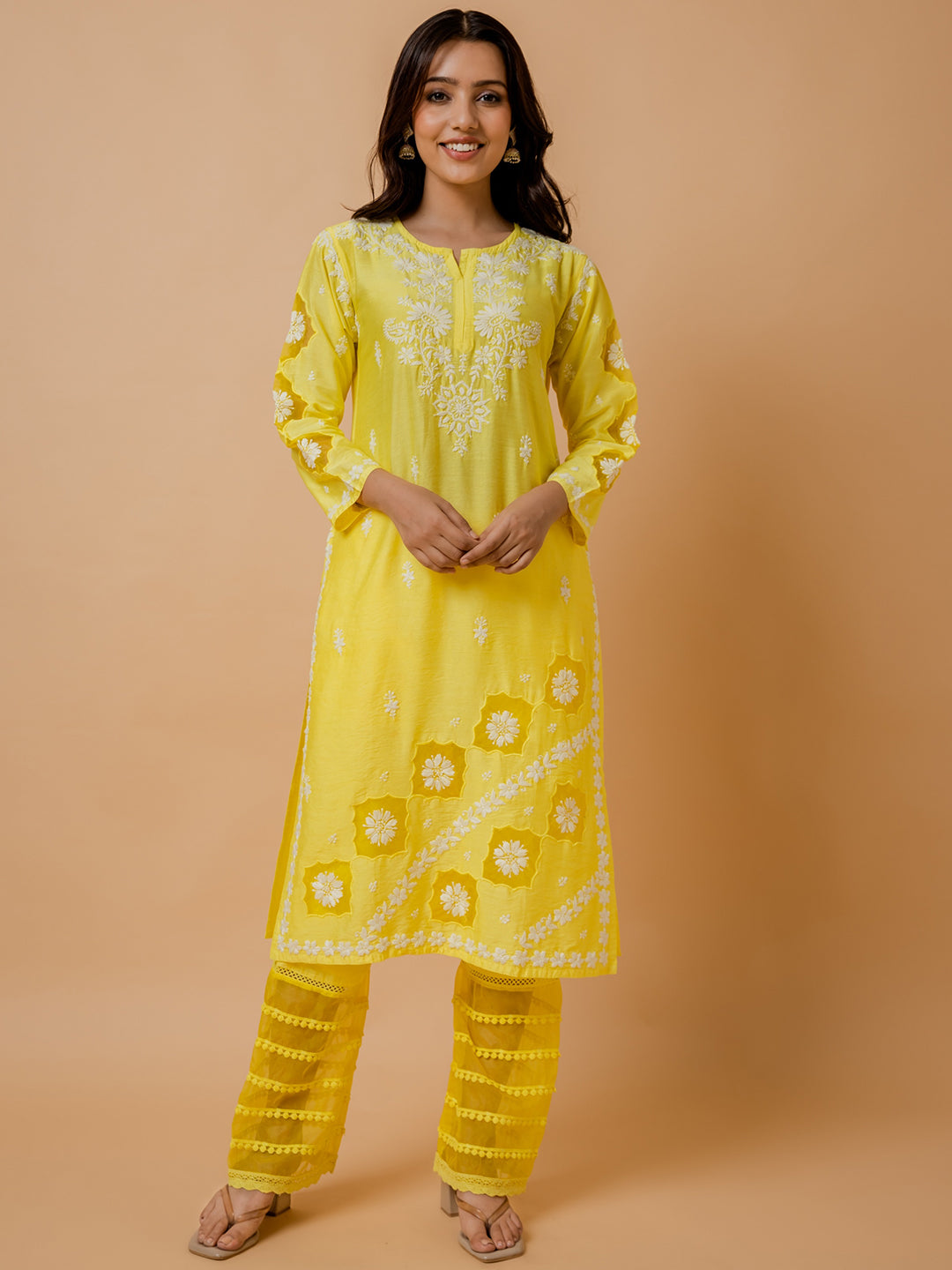 HOUSE OF KARI Ethnic Motifs Embroidered Round Neck Chikankari Chanderi Silk Kurta | Swadesiicart