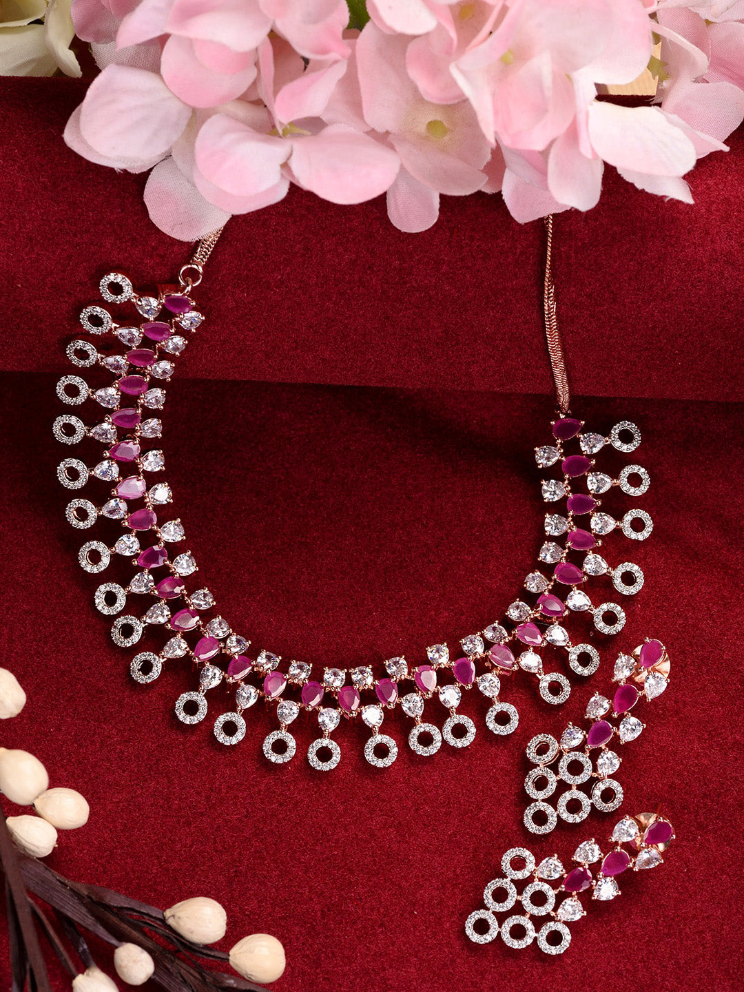 Saraf RS Jewellery Rose Gold-Polished Red AD-Studded Jewellery Set
