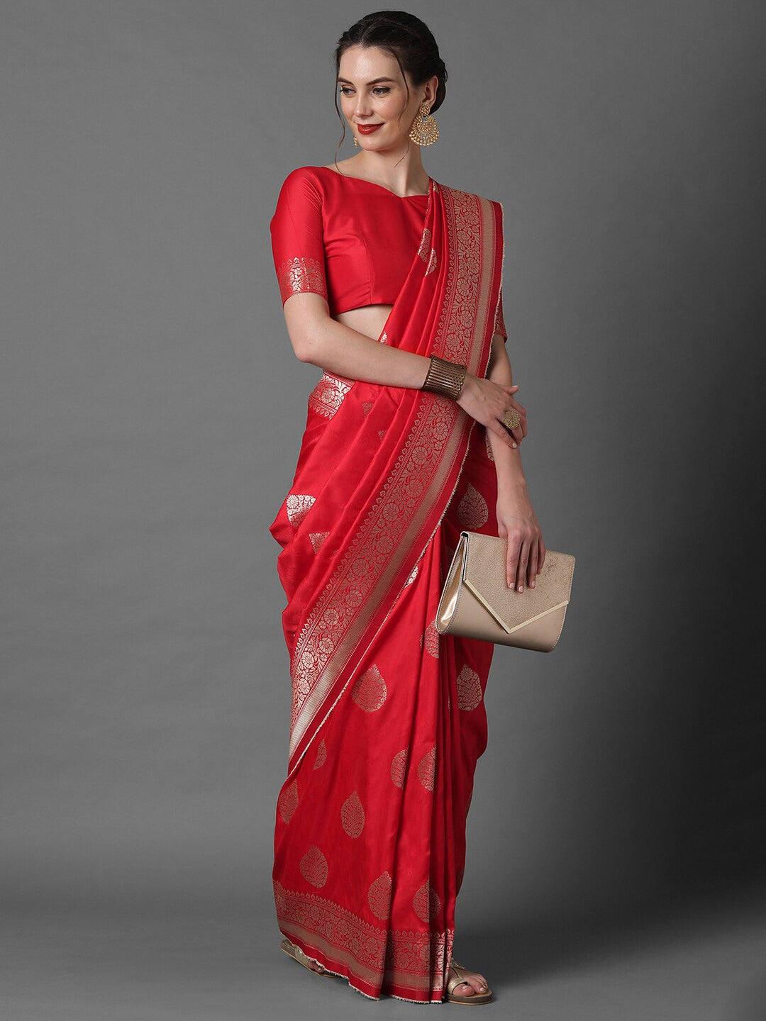 Mitera Red & Silver-Coloured Ethnic Motifs Zari Woven Design Silk Blend Banarasi Saree | Swadesiicart