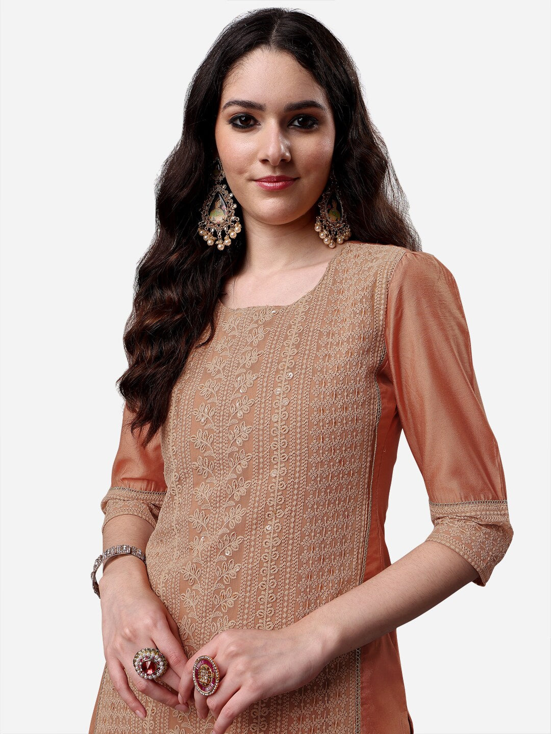 HERE&NOW Lucknowi Chikankari Schiffli Chanderi Silk Kurta Trousers with Organza Dupatta | Swadesiicart