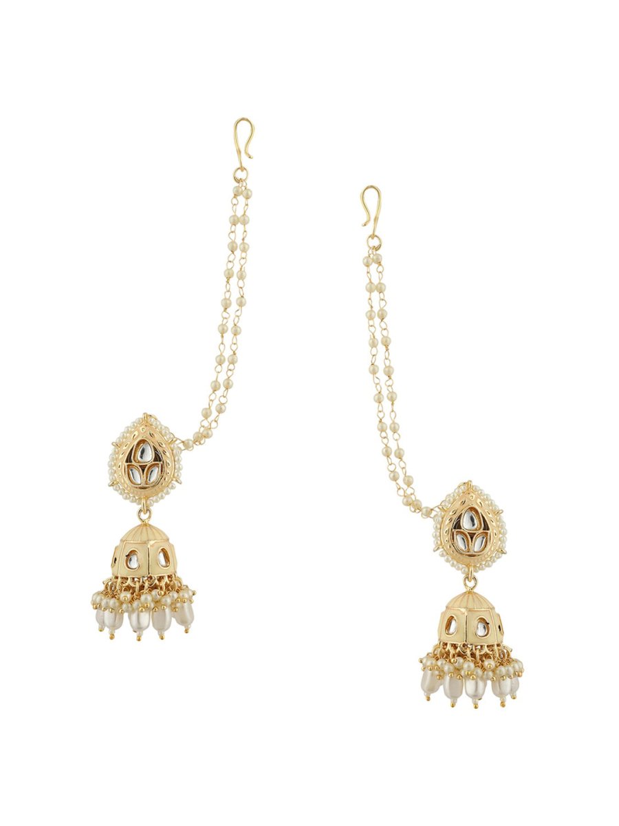 Anikas Creation Cream-Coloured & Gold Toned Kundan & Pearl Jadau Dome Shaped Jhumkas | Swadesiicart