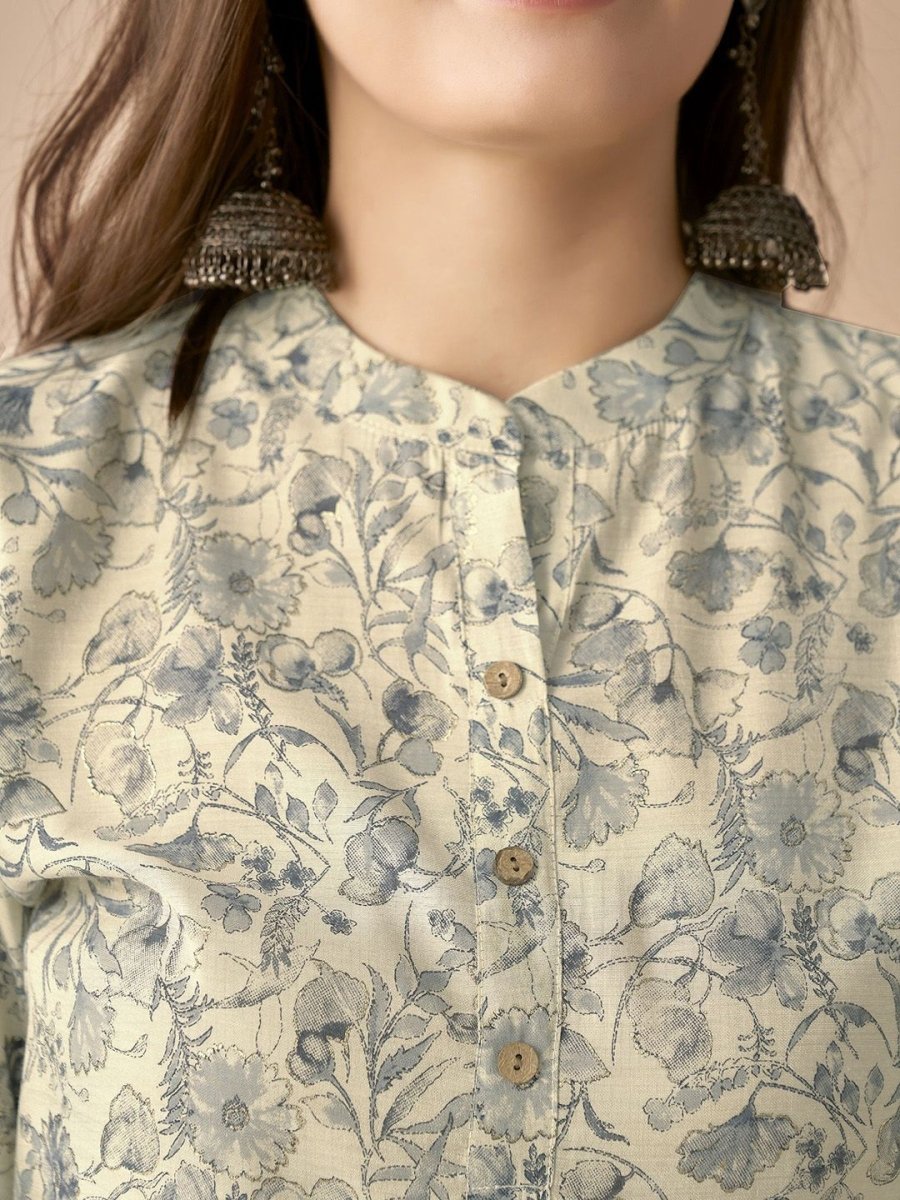 Anouk White & Blue Floral Printed Mandarin Collar Chanderi Silk Straight Kurta - Swadesiicart