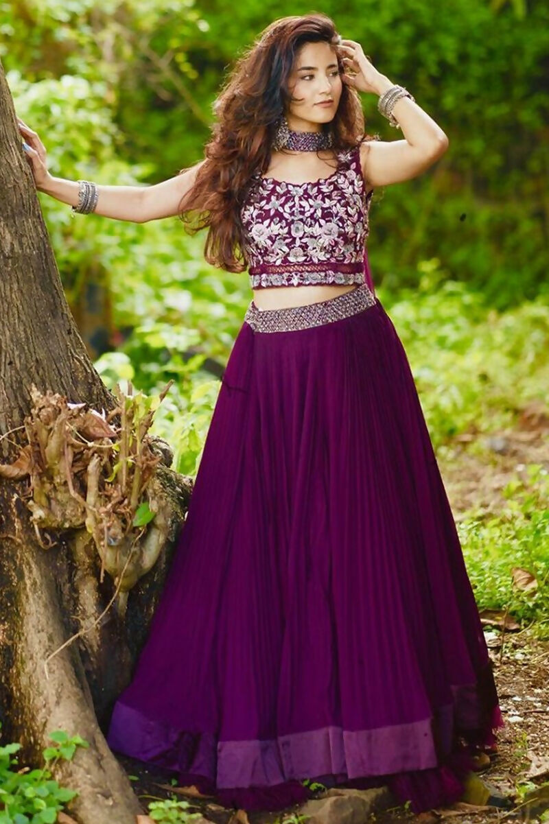 Jyoti Fashion Wine Crush Georgette Designer Lehenga Choli with Dupatta | Swadesiicart