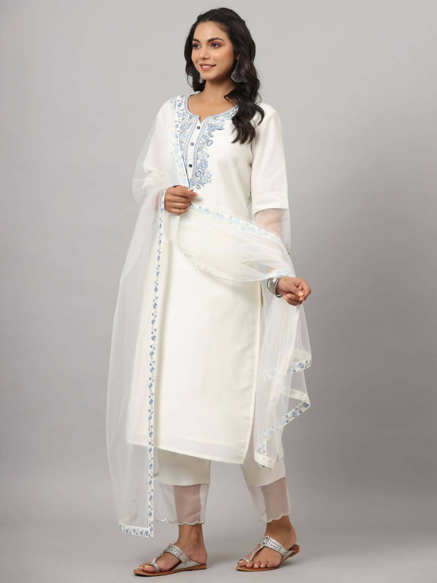 Juniper Women's White Chinnon Solid Embroidered Kurta Set | Swadesiicart