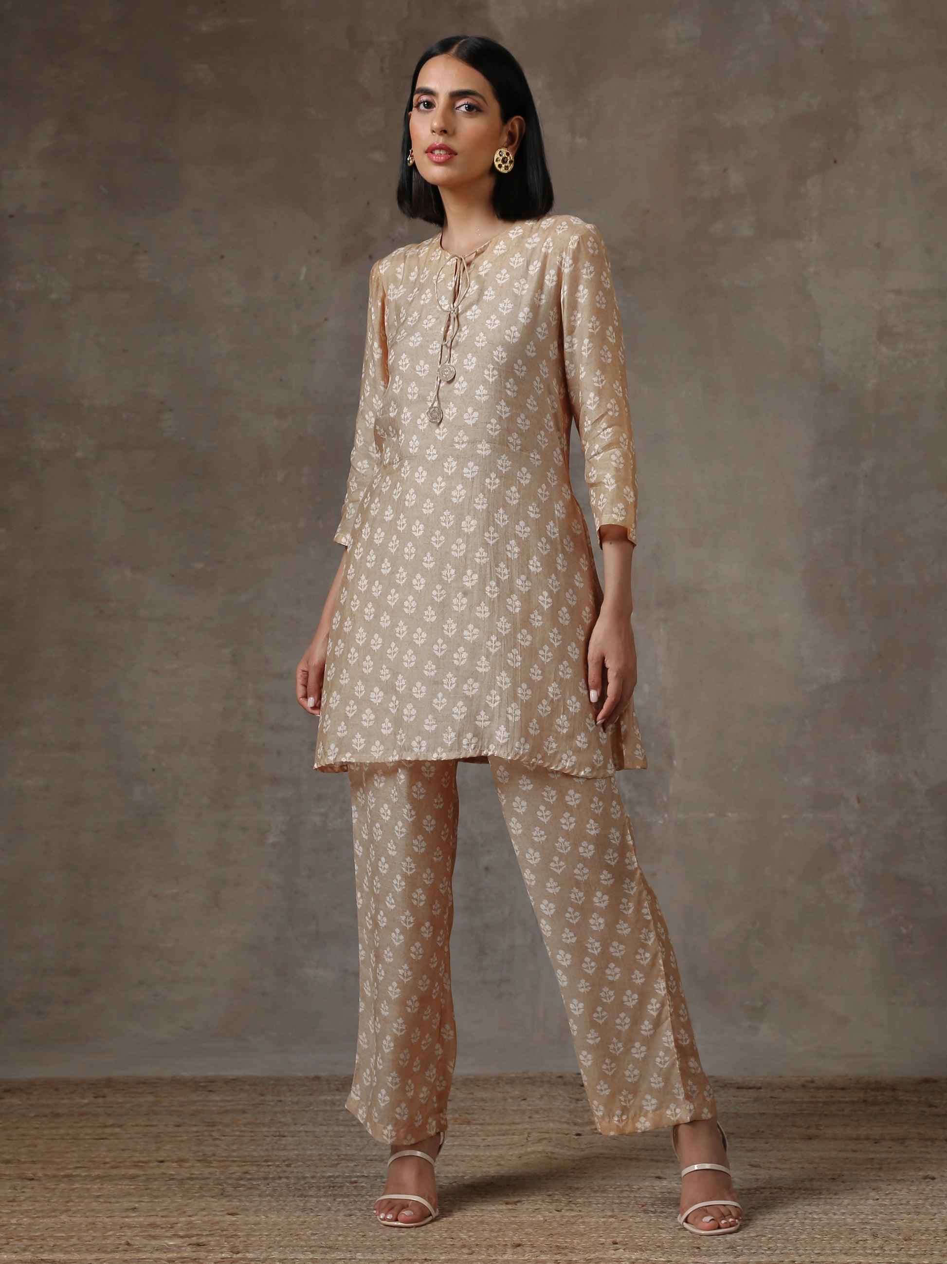 trueBrowns Beige White Printed Silk Co-Ord Set - Swadesiicart