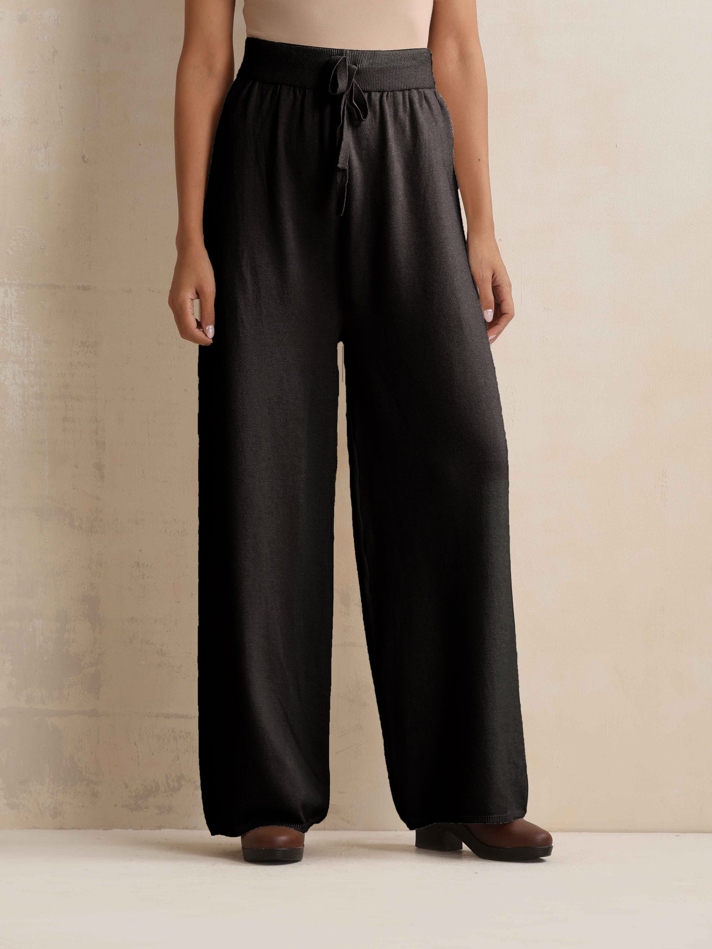 trueBrowns Black Woollen Flared Pants | Swadesiicart