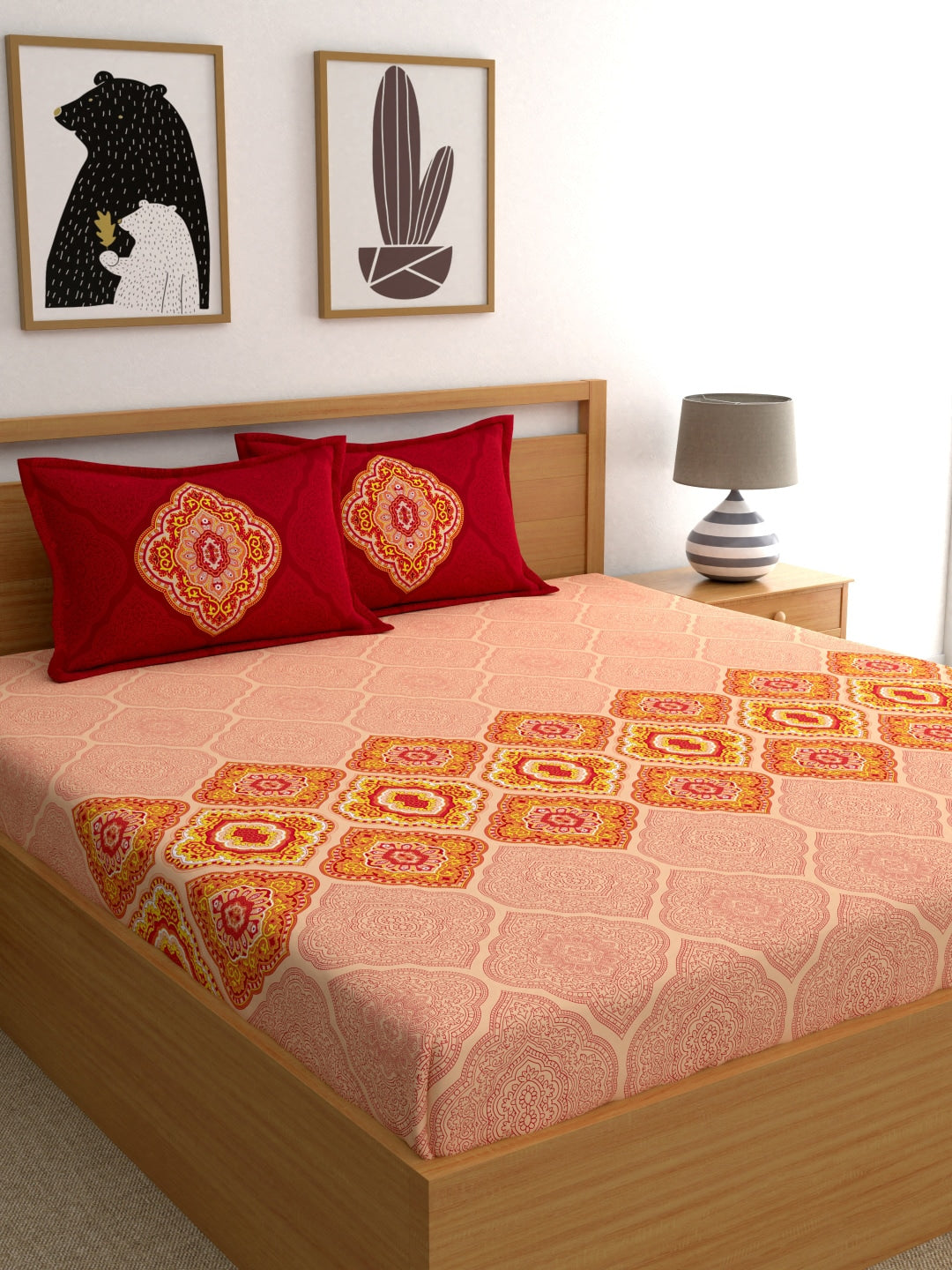 Dreamscape Pink Ethnic Motifs 144 TC Cotton 1 Queen Bedsheet with 2 Pillow Covers - Swadesiicart