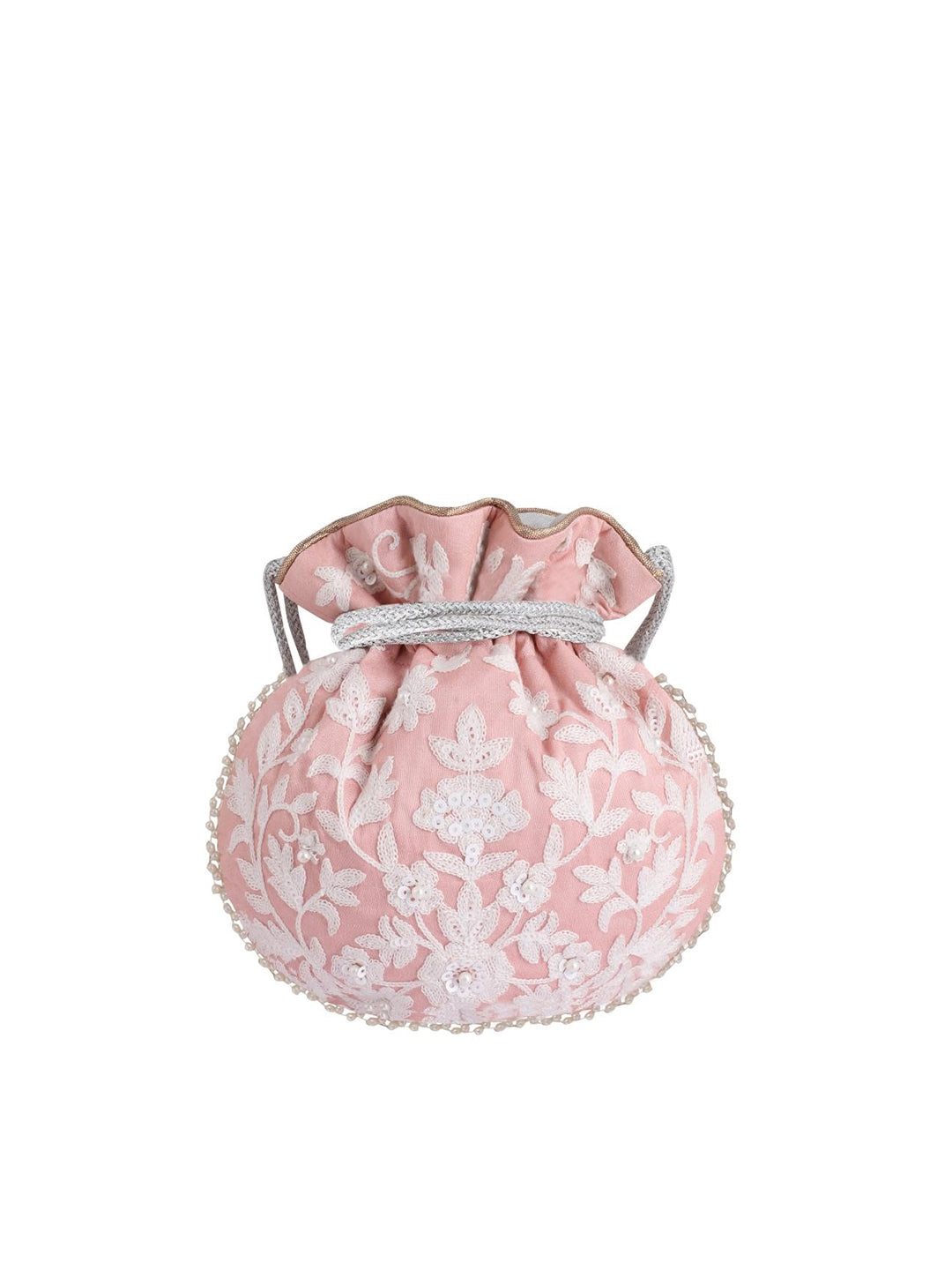 Masq Pink & White Embellished Embroidered Potli Clutch - Swadesiicart