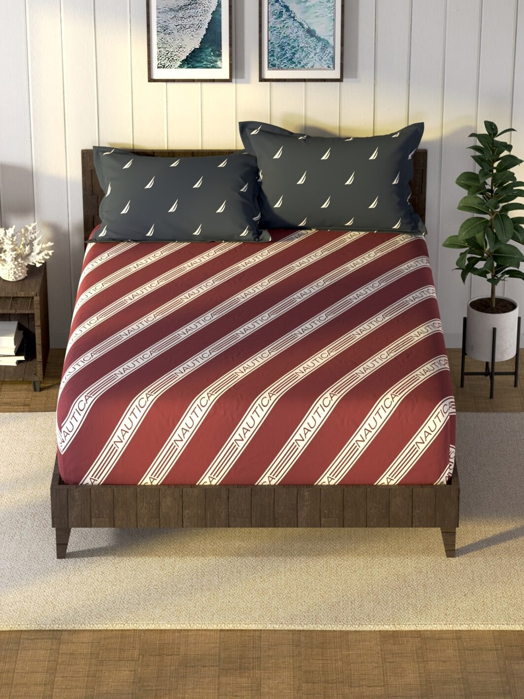 Nautica Noridge Red & White Printed Cotton 160 TC King Bedsheet with 2 Pillow Covers - Swadesiicart