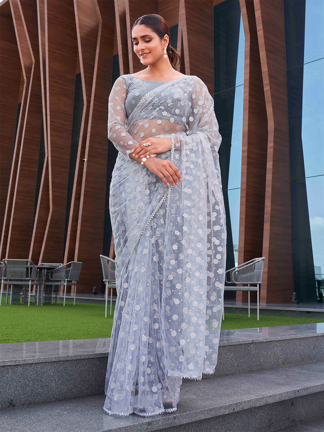 Tikhi Imli Embellished Net Saree | Swadesiicart