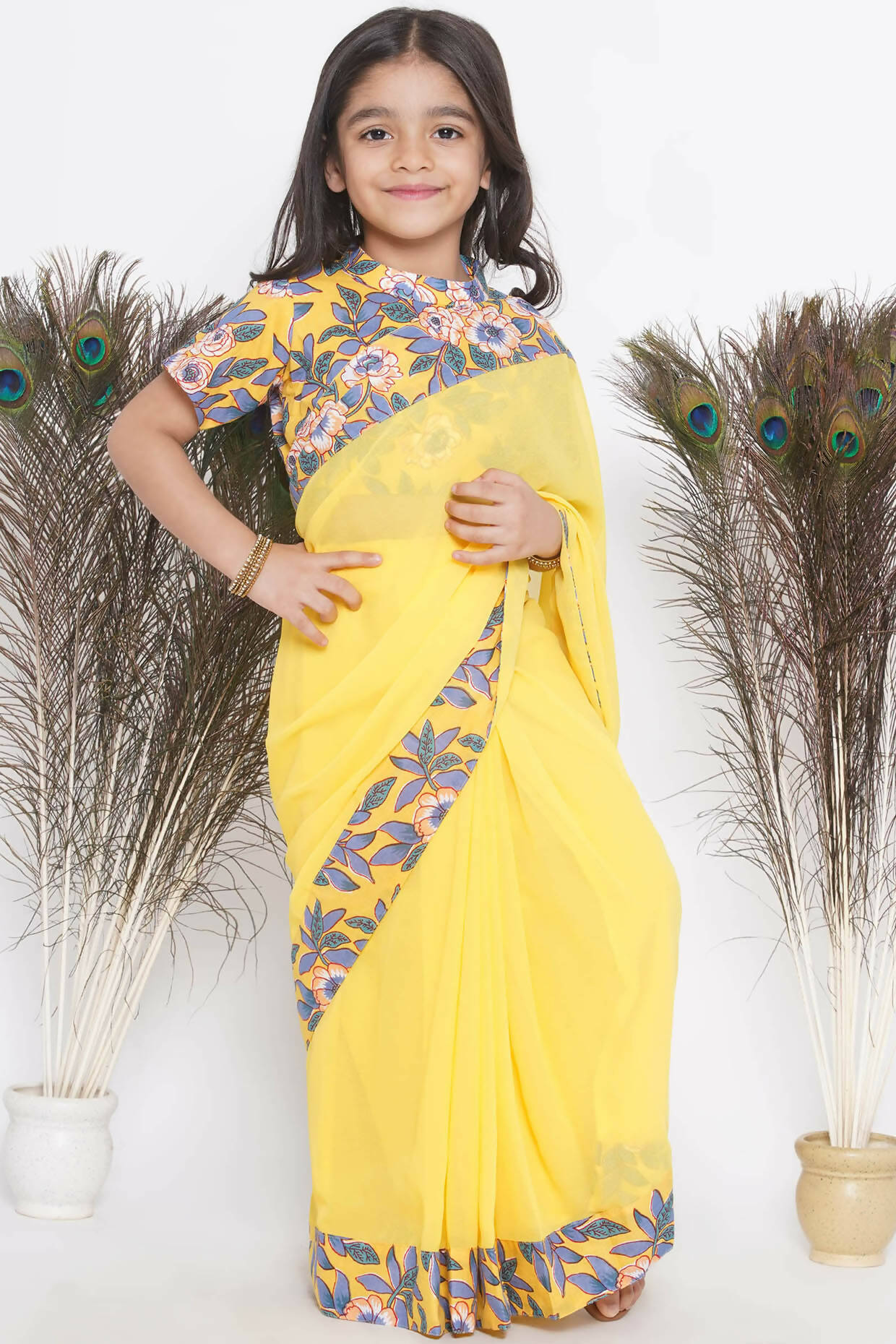 Little Bansi Floral Print Ready To Wear Saree And Floral Blouse - Yellow | Swadesiicart