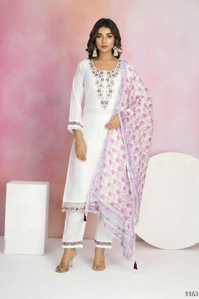 Ethnic Festive Wear Viscose Chanderi White Stitched Suit With Dupatta - Tanisha | Swadesiicart