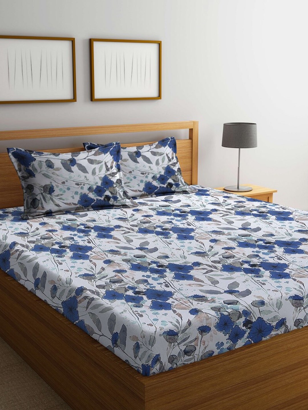 BOMBAY DYEING Blue & White Floral Cotton 144 TC Queen Bedsheet With 2 Pillow Covers - Swadesiicart