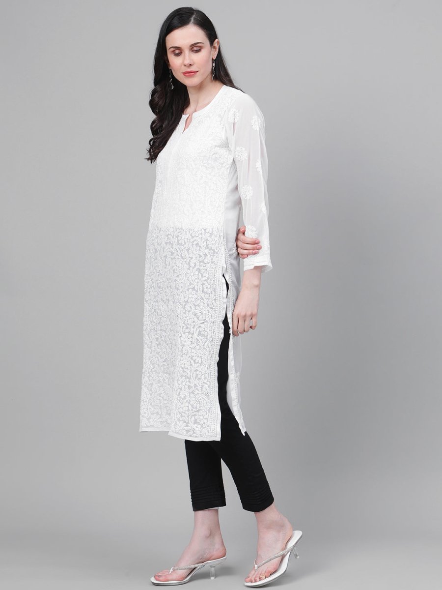 ADA Women White & Black Chikankari Embroidered Sustainable Handloom Kurta with Trousers | Swadesiicart
