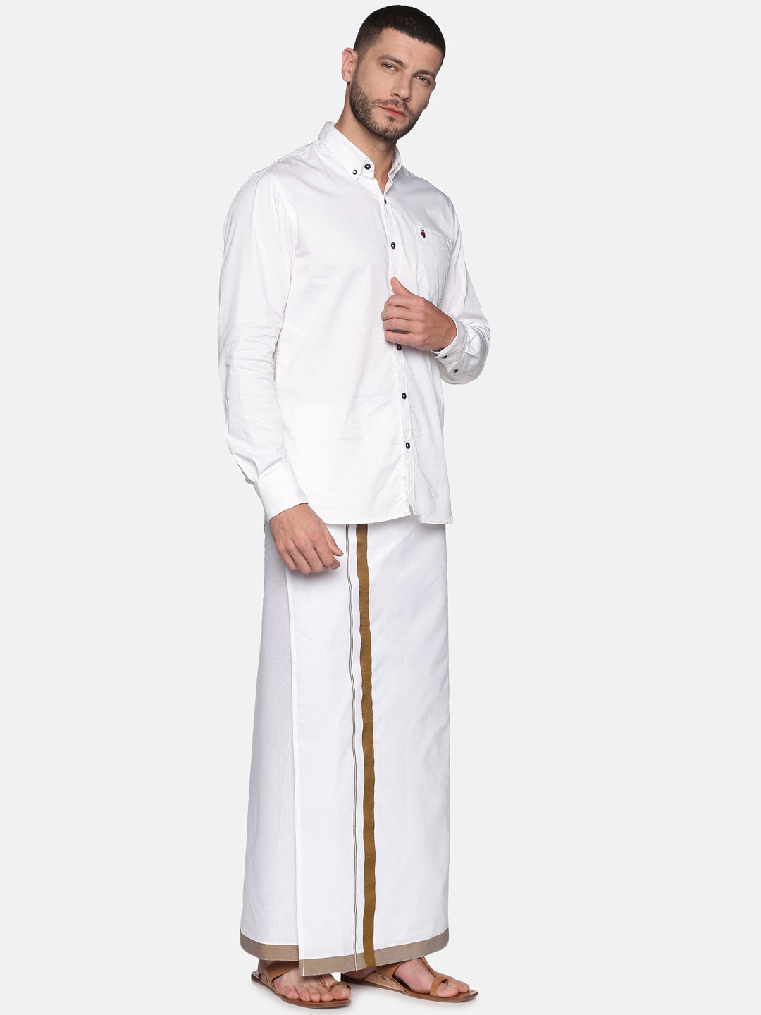 Sethukrishna Men White & Brown Solid Cotton Dhoti | Swadesiicart