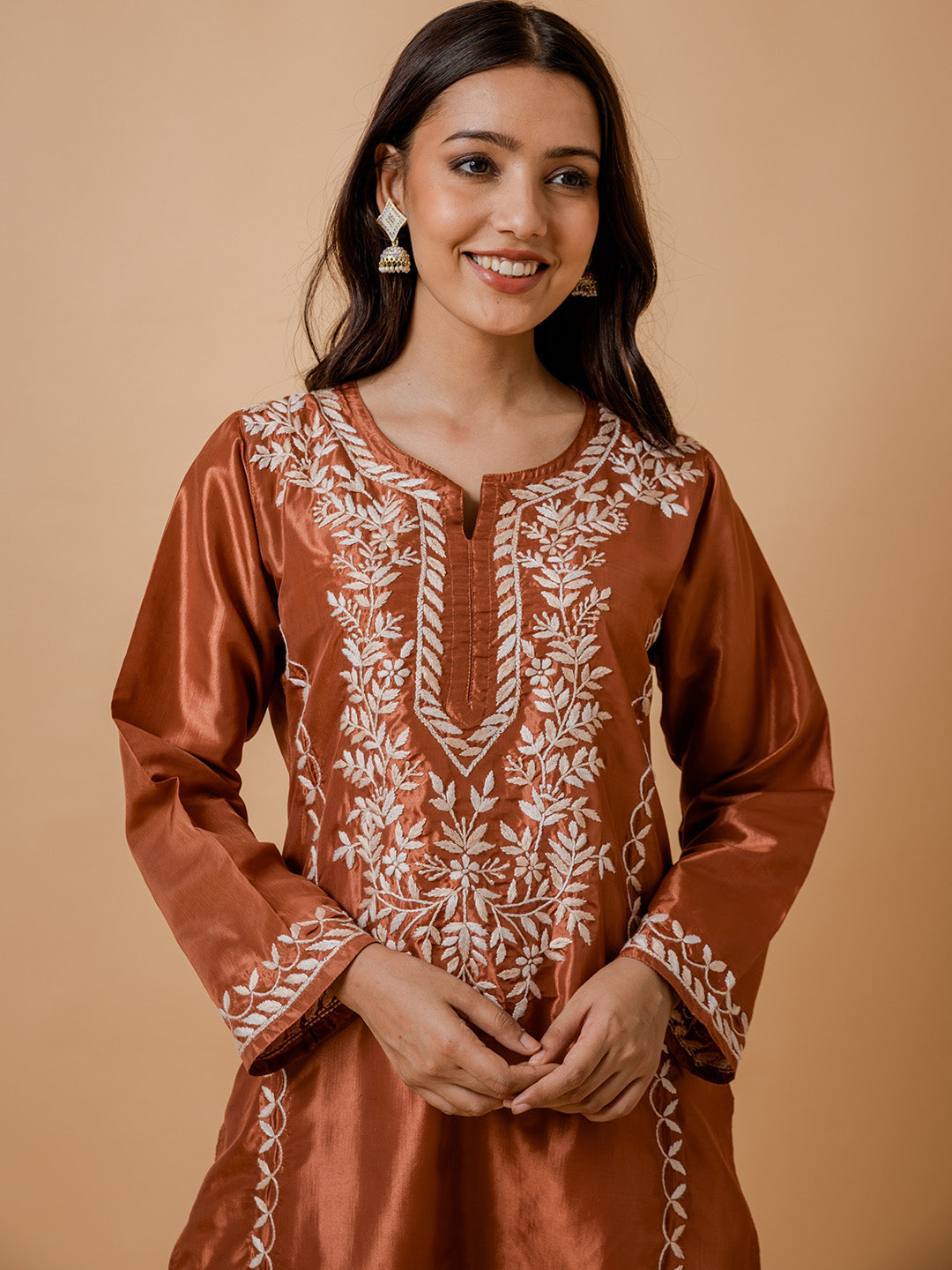 HOUSE OF KARI Floral Embroidered Silk Chikankari Kurta | Swadesiicart