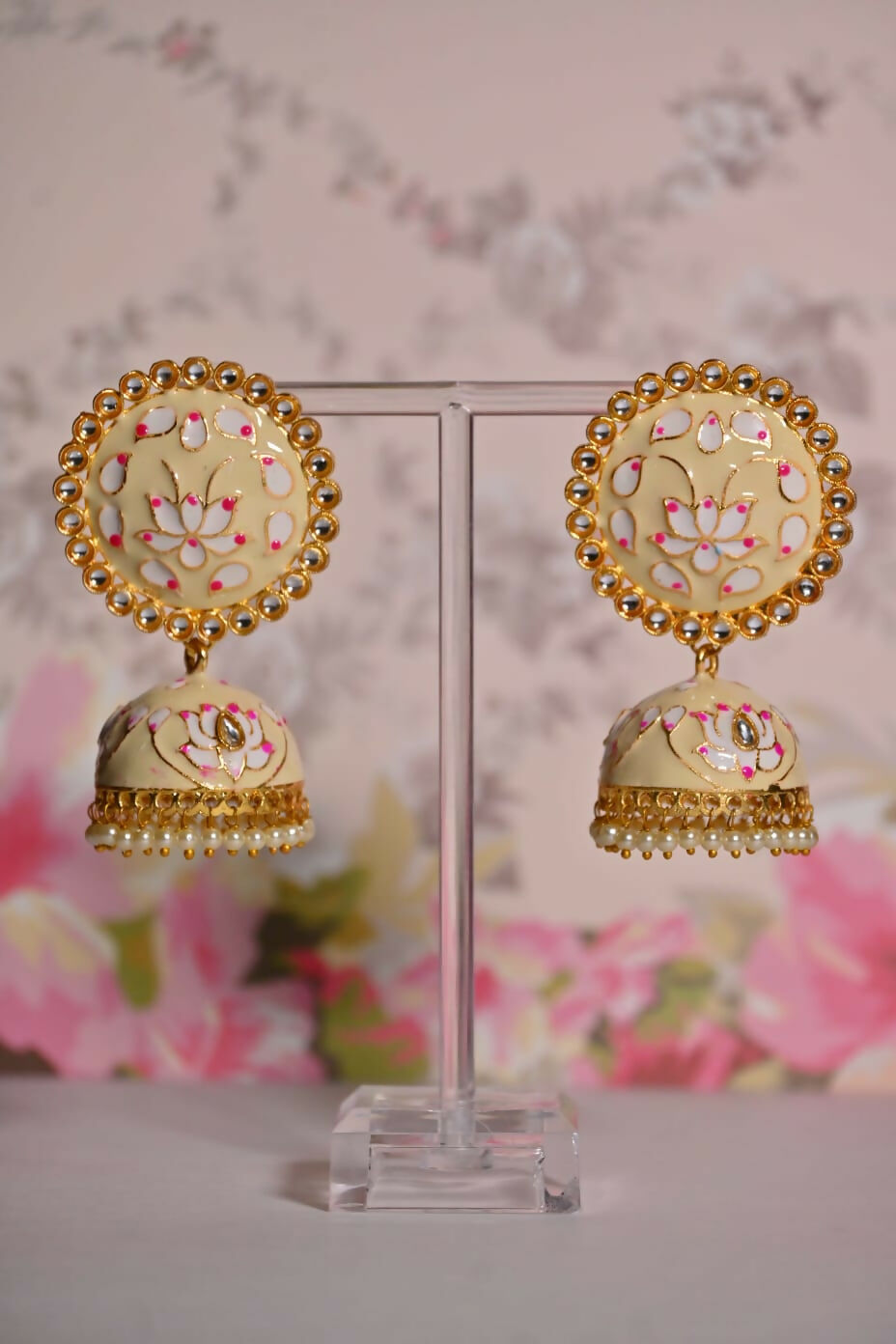 Beige Round Shape Ethnic Meenakari Jhumki Earrings By House of Ree - Swadesiicart
