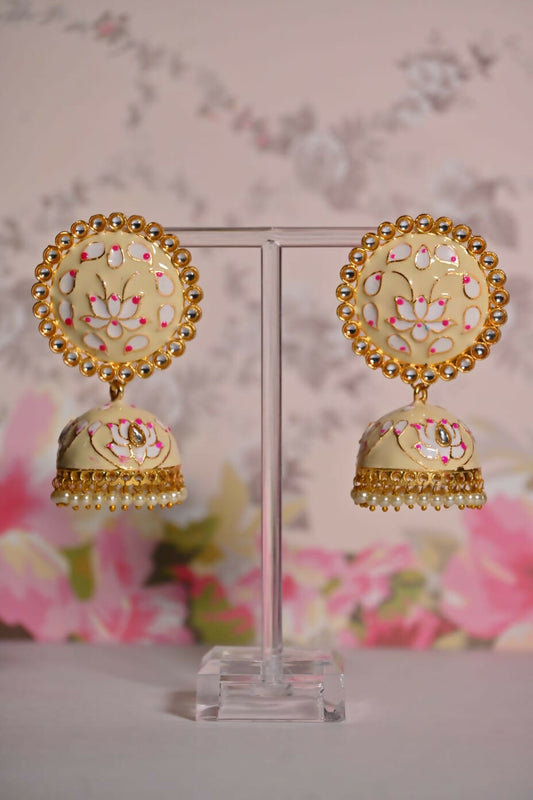 Beige Round Shape Ethnic Meenakari Jhumki Earrings By House of Ree - Swadesiicart