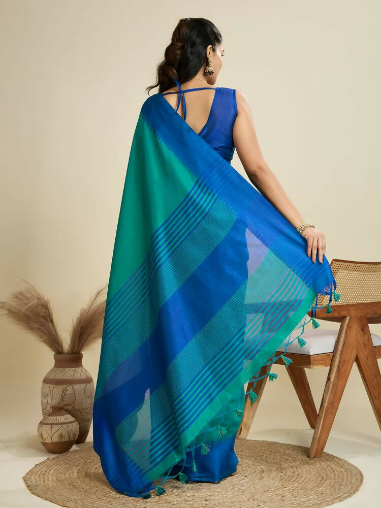 Vishnu Weaves Women's Firozi Raw Silk Thread Woven Saree with Blouse - Swadesiicart