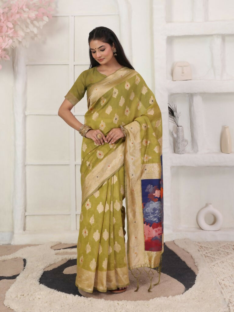 Shree Shyam Fashion Linen Cotton Mhendi Green Saree