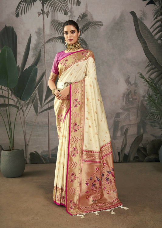 Vishnu Weaves Women's White Paithani Silk Saree with Blouse - Swadesiicart