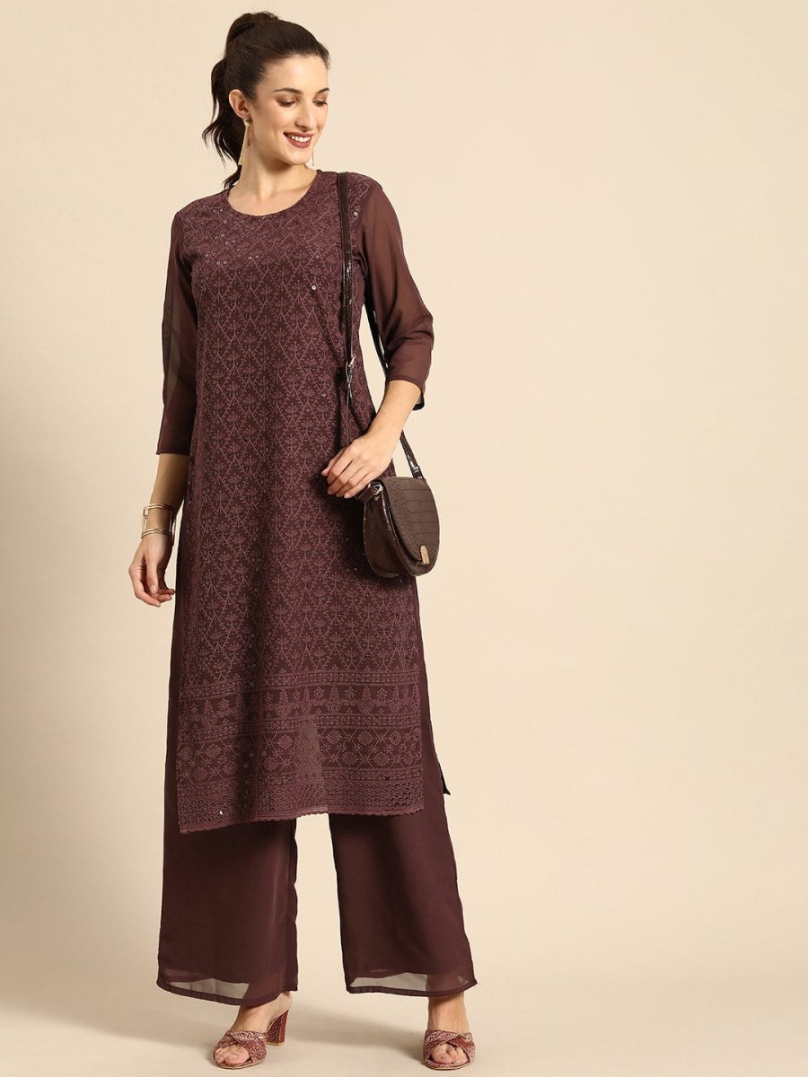All About You Women Brown Ethnic Motifs Embroidered Regular Chikankari Kurta with Palazzos | Swadesiicart