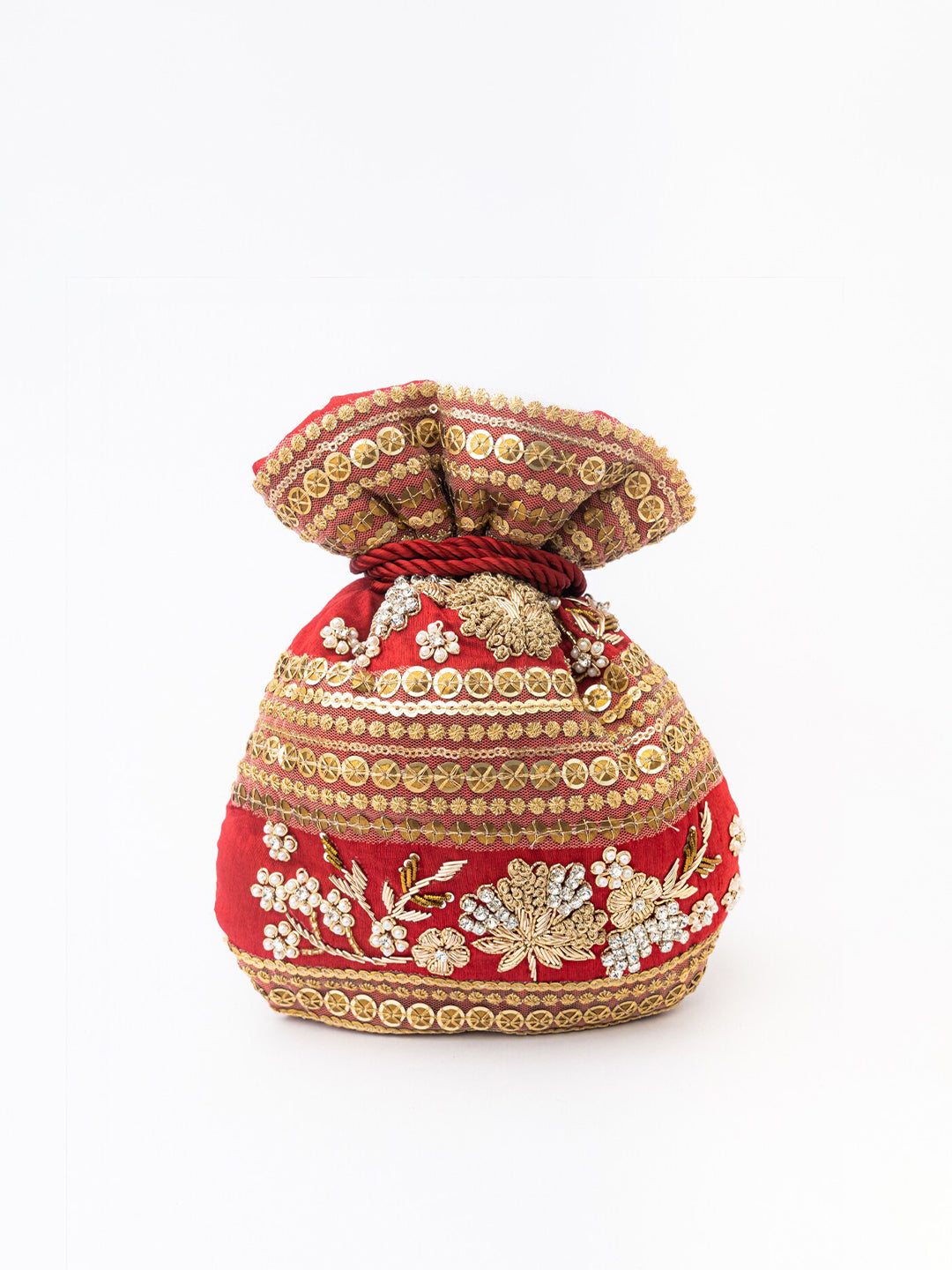 NR By Nidhi Rathi Maroon & Gold-Toned Persia Embroidered Potli Clutch - Swadesiicart