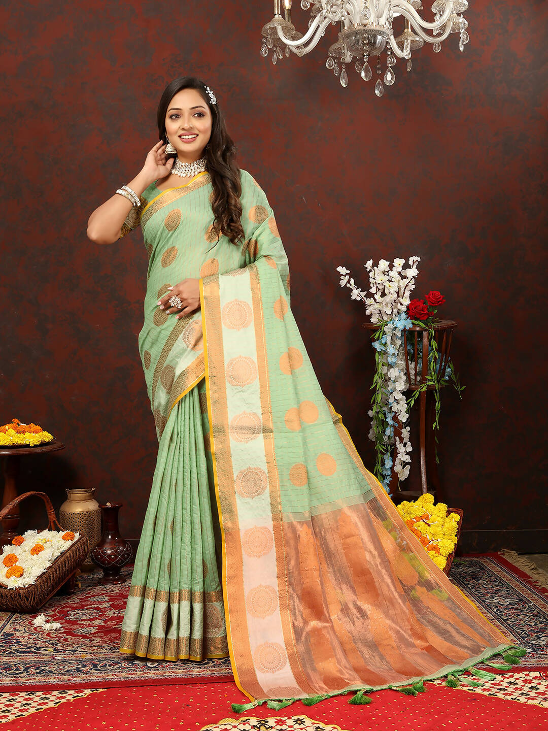 Lorenvalley Fashion Seagreen Cotton with Woven Design Zari Weaving Saree - Swadesiicart