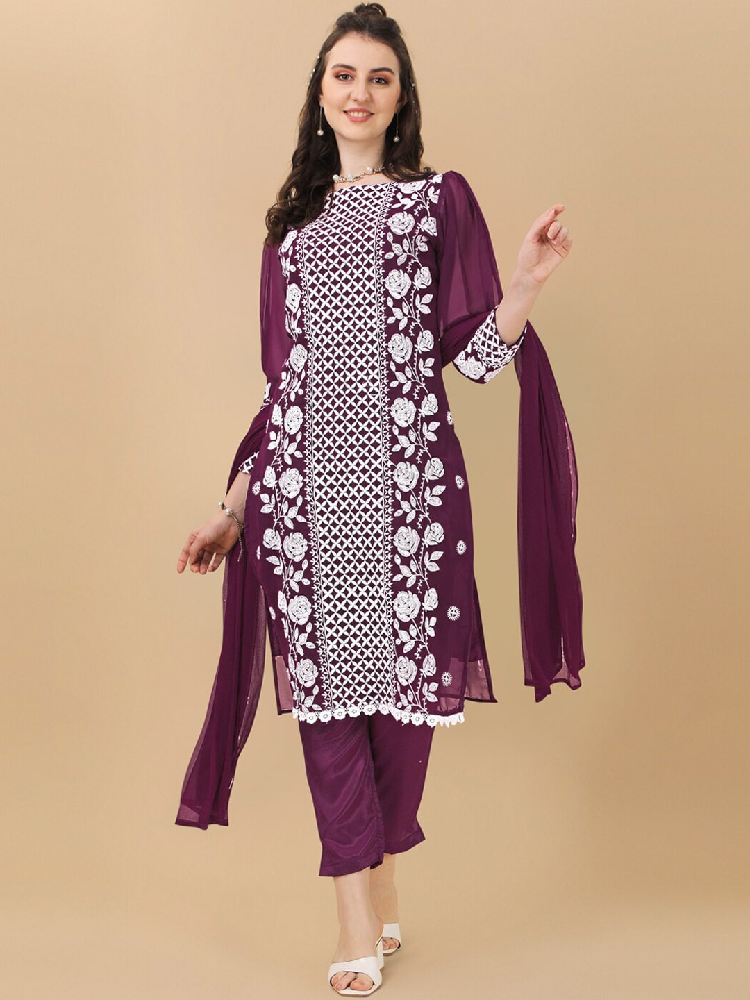 HERE&NOW Floral Embroidered Chikankari Kurta with Trousers & Dupatta | Swadesiicart