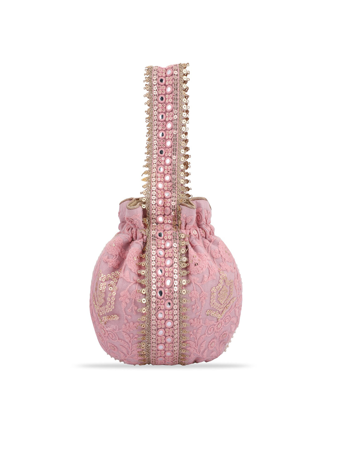 Masq Pink and Gold-Toned Embroidered Potli Clutch - Swadesiicart