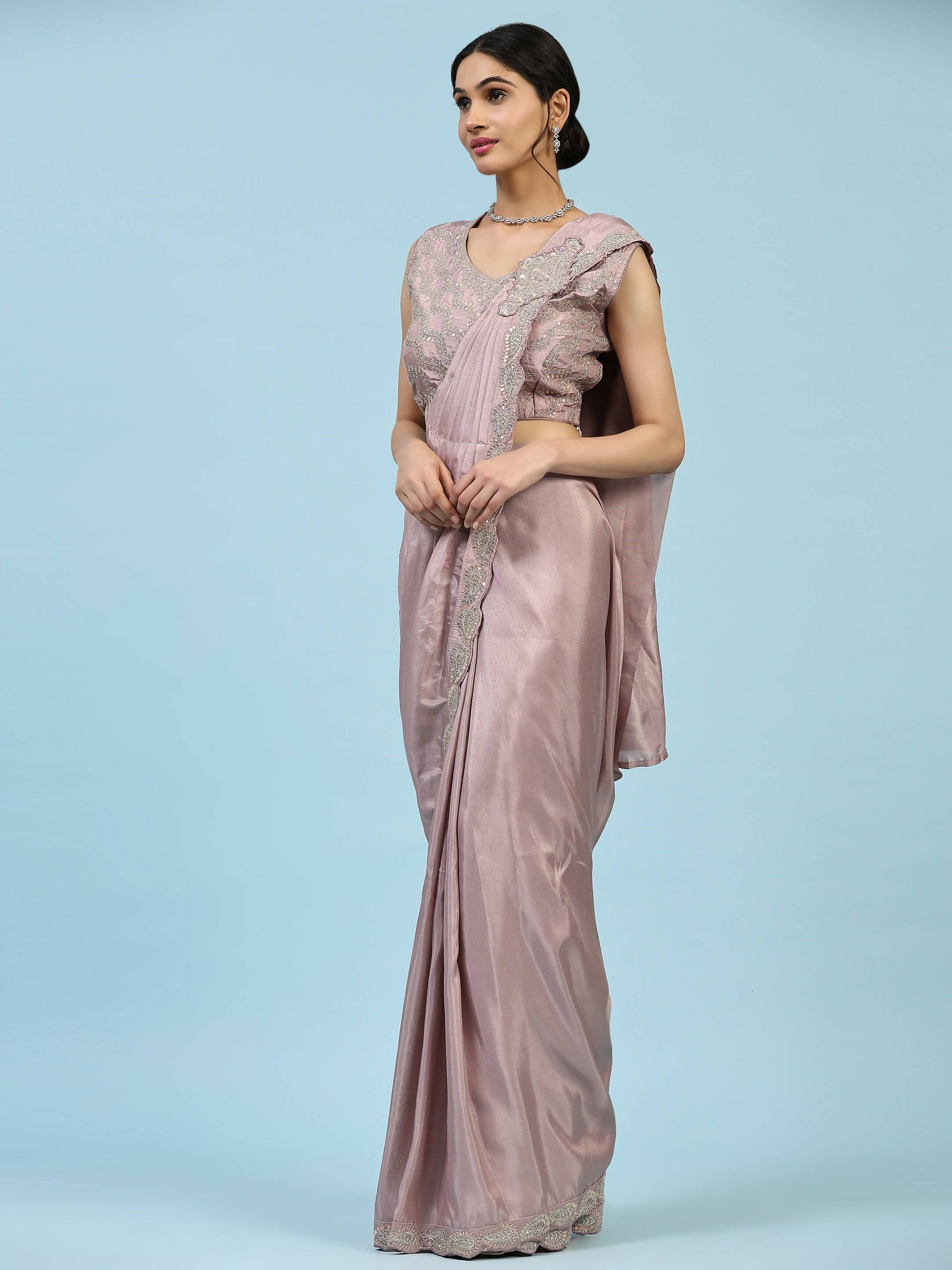 Lavendar Silk Satin Plain Ready to wear Saree with stitched Blouse - Vrinda | Swadesiicart