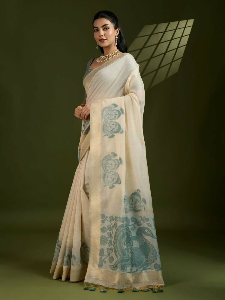 Vishnu Weaves Women's Green Muga Cotton Thread Woven Saree with Blouse - Swadesiicart