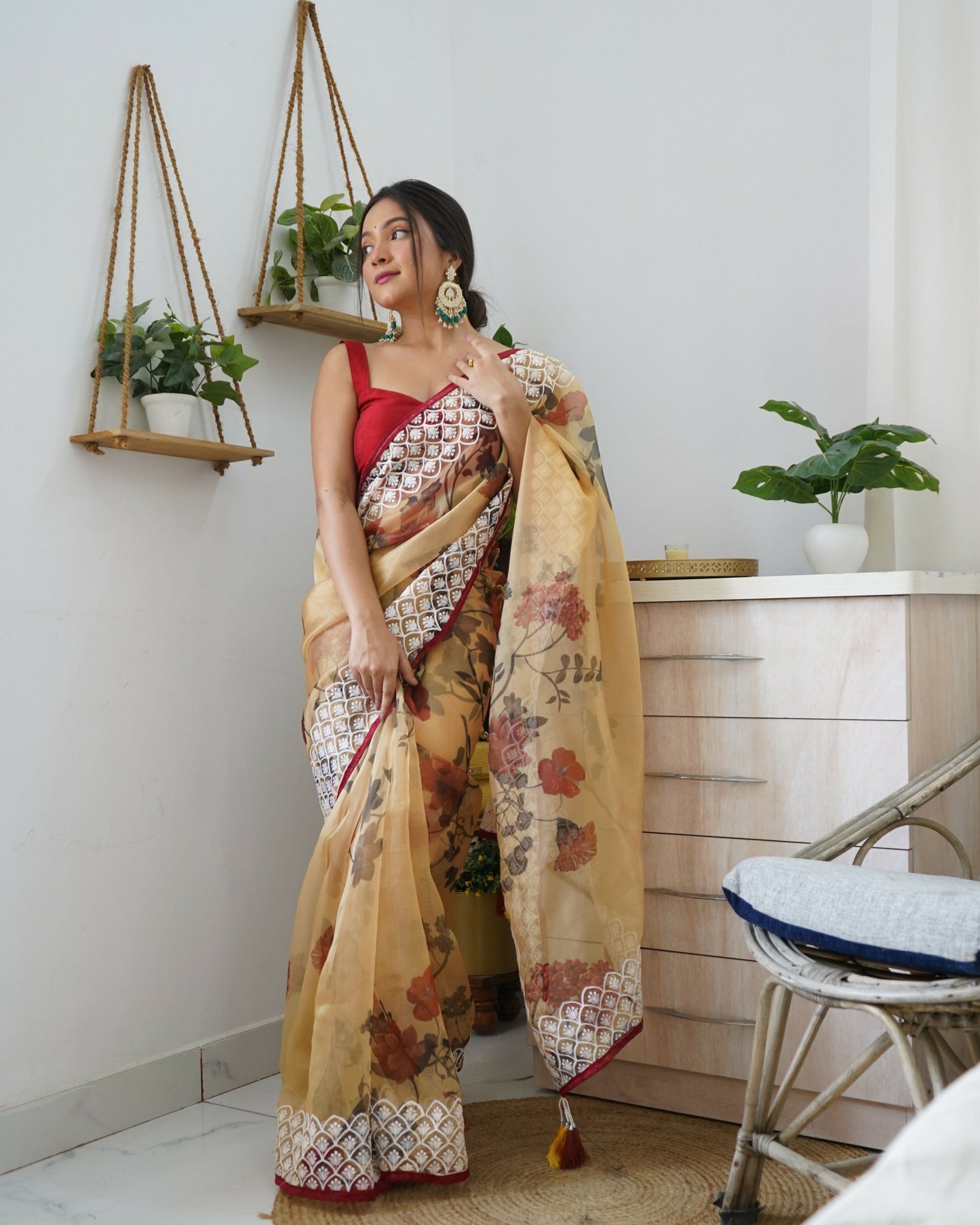 Vamsee 3 Latkan Brown Organza Saree - Swadesiicart