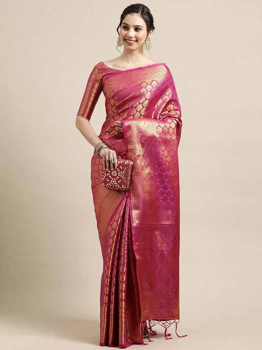 Saree Mall Pink & Gold-Toned Woven Design Zari Silk Blend Banarasi Saree | Swadesiicart