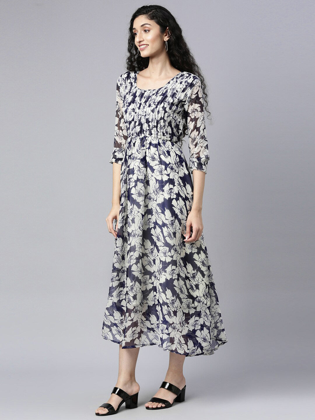 Souchii Floral Printed Chiffon Empire Midi Dress - Swadesiicart