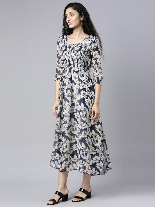 Souchii Floral Printed Chiffon Empire Midi Dress - Swadesiicart