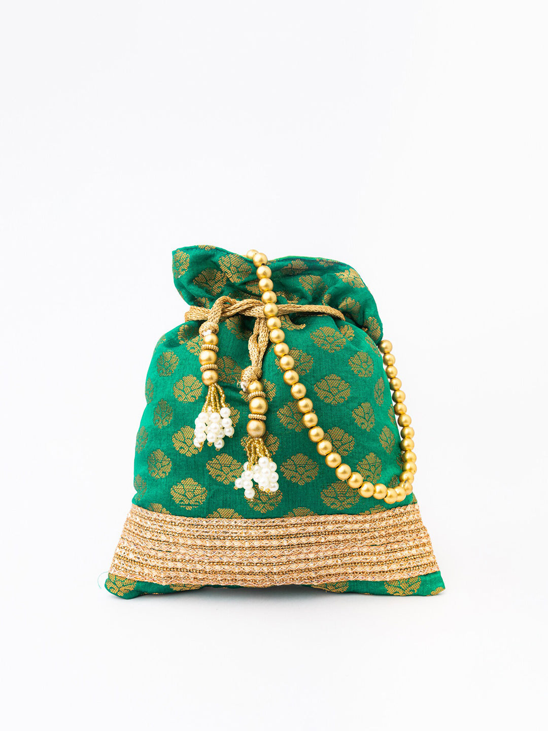 NR By Nidhi Rathi Green & Gold-Toned Banarasi Printed Potli Clutch - Swadesiicart