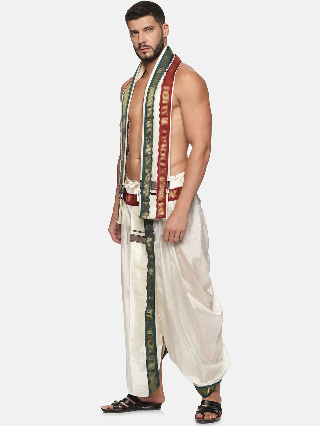 Sethukrishna Men Cream Coloured Solid Dhoti Pant With Angavastram | Swadesiicart