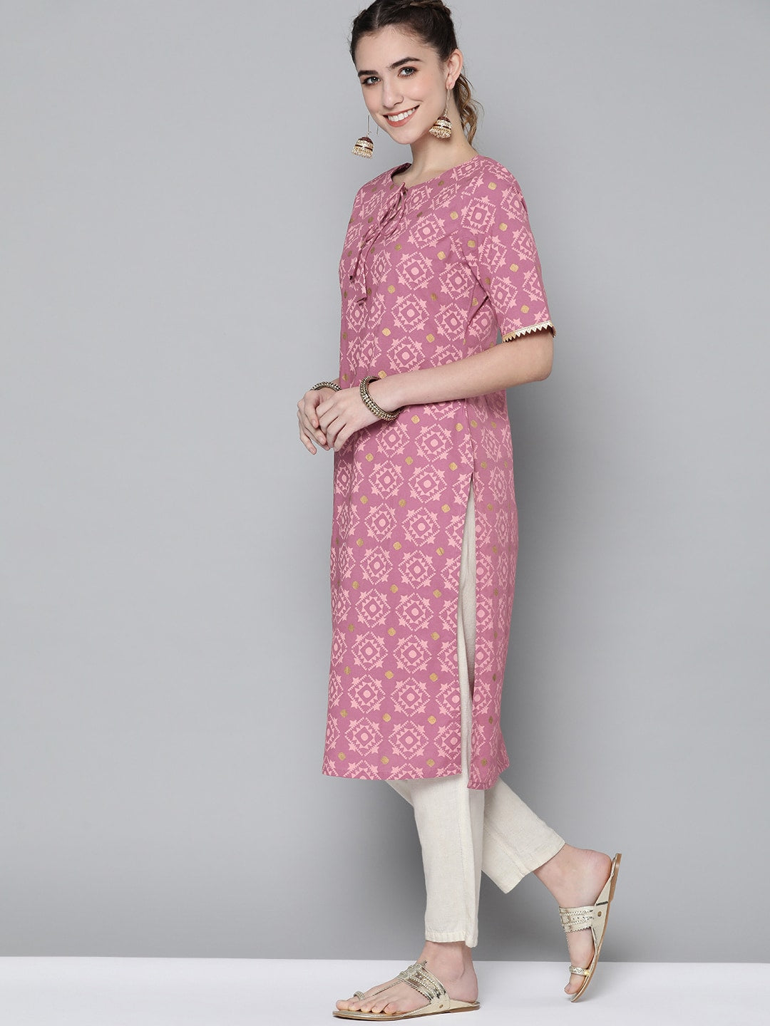 HERE&NOW Women Pink Geometric Printed Kurta - Swadesiicart