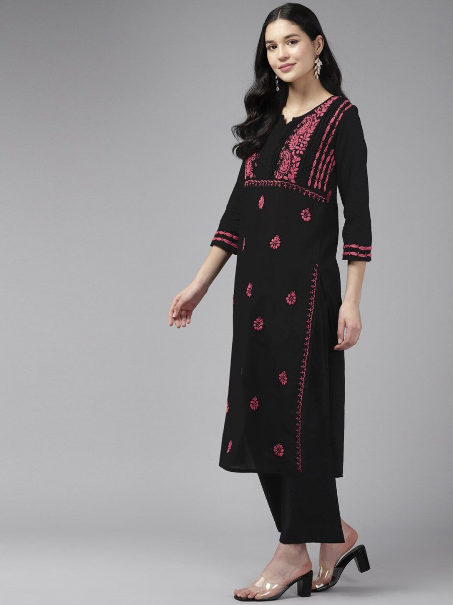 ADA Ethnic Motifs Embroidered Round Neck Chikankari Cotton Kurta | Swadesiicart