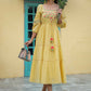 Juniper Women's Yellow Cotton Dobby Embroidered Flared Dress | Swadesiicart