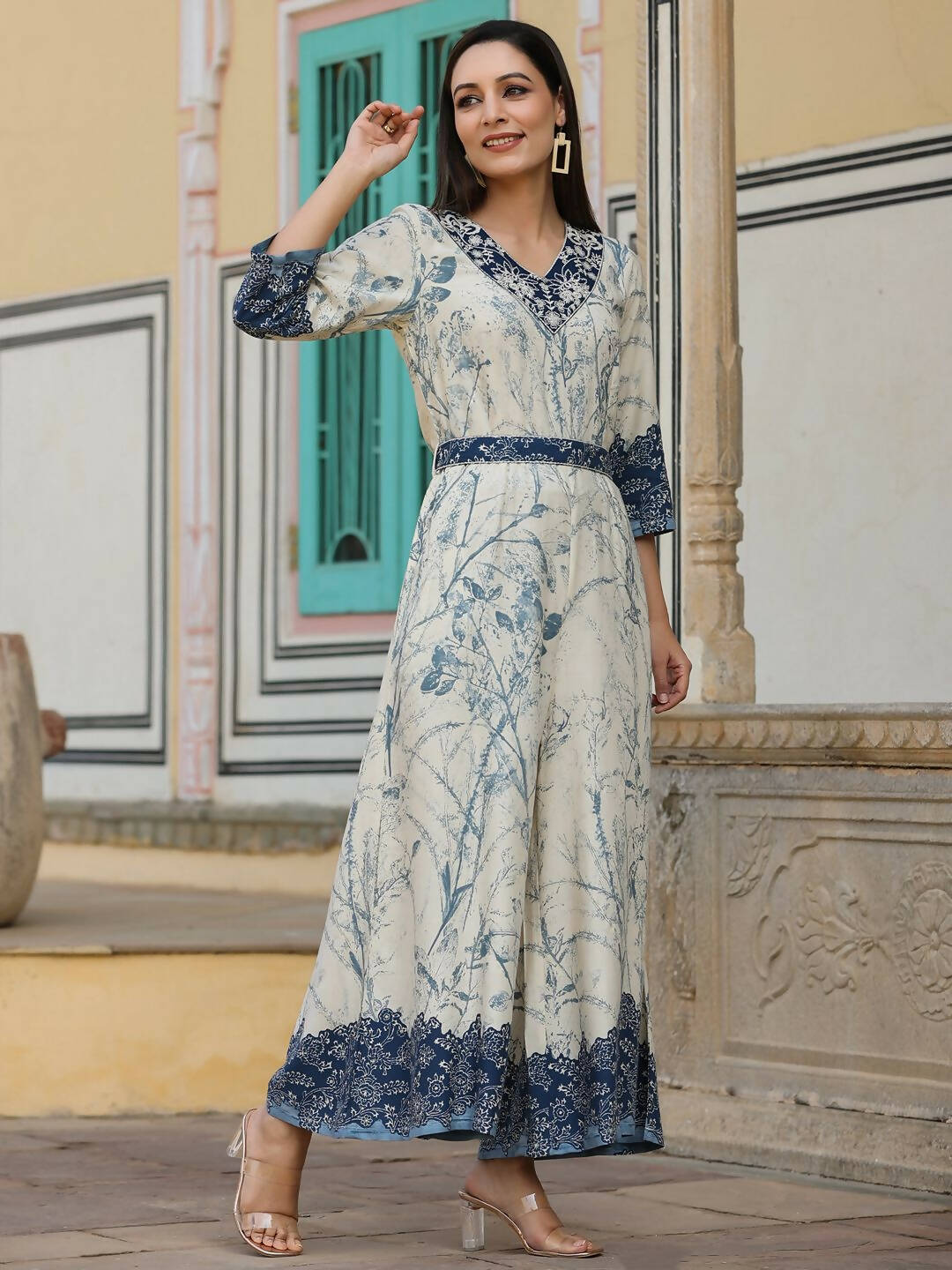 Juniper Women's Offwhite Rayon Staple Printed With Embroidery Straight Jumpsuit - Swadesiicart