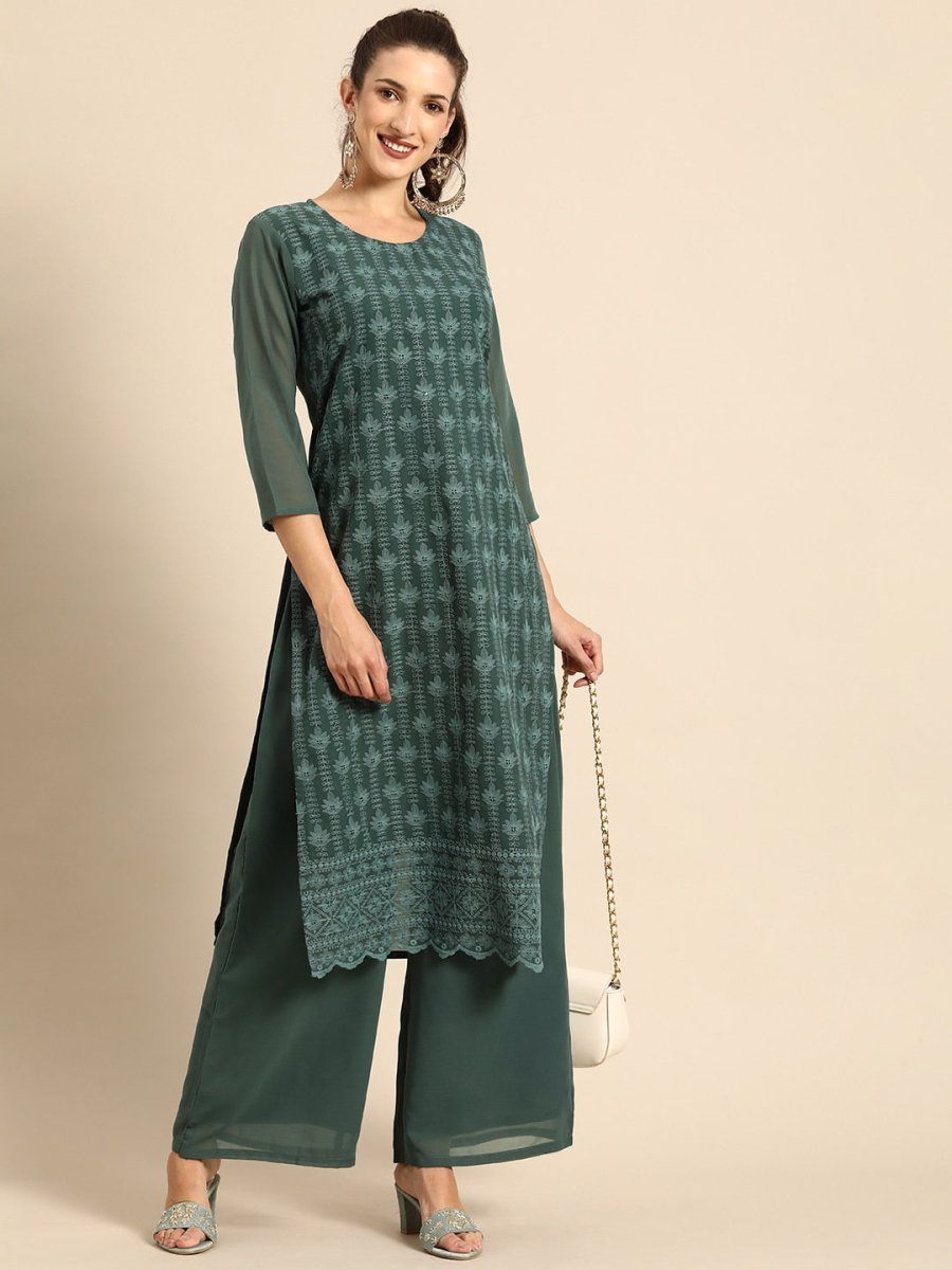 All About You Women Green Ethnic Motifs Embroidered Regular Chikankari Kurta with Palazzos | Swadesiicart